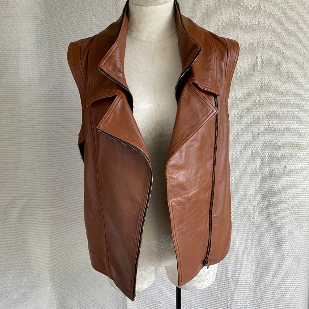 VTG 90s M Leather Wool Sleeveless Moto Jacket Vest - Picture 7 of 8